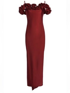 Coperni Rosette Detailed Off The Shoulder Satin Wine Red Maxi Dress